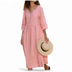 Lintico Dusty Rose  Maxi Dress 100% Linen with pockets loose fit Breathable